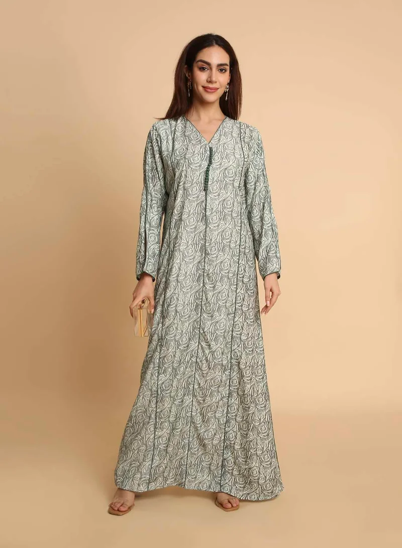 HANA & SARA Olive Green Rose Swirl Printed Arabic Jalabiya Dress for Women's